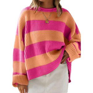 Women's Pink Orange Pullover Drop Shoulder Long Sleeve Retro Stripe Fall Sweater
